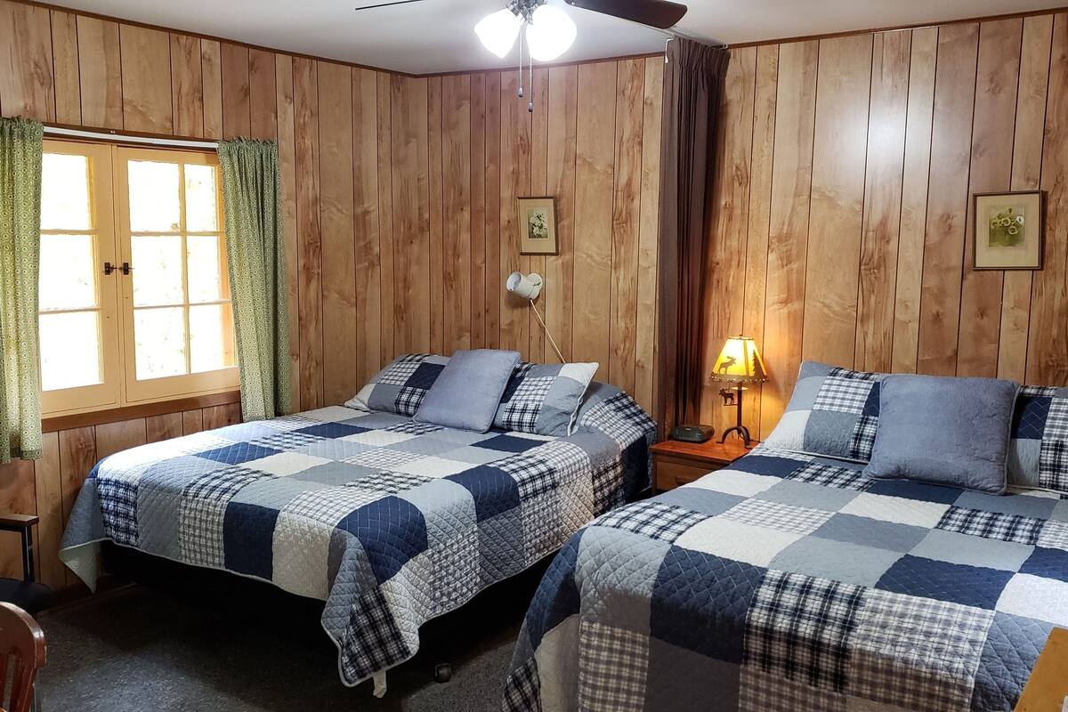 A room with wooden panel walls, two beds with blue and white checkered bedding, a ceiling fan, a window with green curtains, and a nightstand with a lamp.