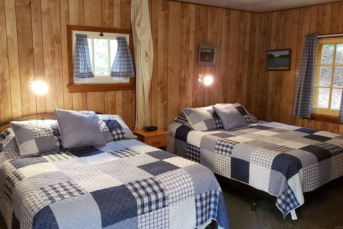 Two single beds with checkered quilts, wooden walls, and a window with curtains.