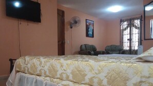 A bedroom with a bed, a TV, a fan, and a window with bars. - Hostal En Casa (Bayamo)