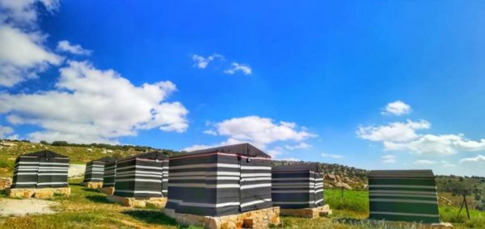 A row of rectangular, striped structures with a flat roof, set on a grassy field under a clear blue sky.