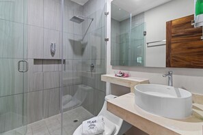 Un baño moderno con ducha envuelta en vidrio, inodoro y lavabo con espejo superior.