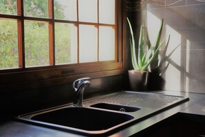 Un lavamanos de cocina con grifo, una ventana con vistas a vegetación y una planta en maceta.