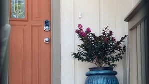Una puerta con ventanal, una maceta azul con flores y un pequeño dispositivo fijado a la pared.