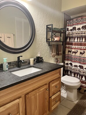 Une salle de bain avec un lavabo, un miroir et des toilettes.