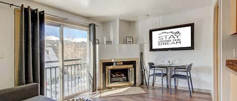 TV, fireplace, music library, video library