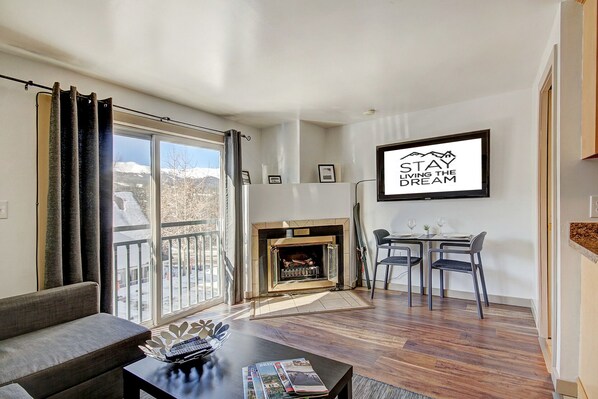 TV, fireplace, music library, video library