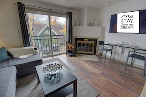 TV, fireplace, music library, video library