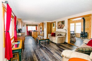 TV, fireplace, music library