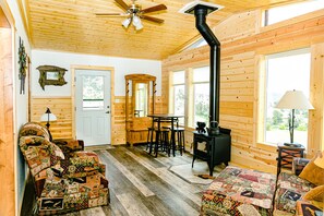 TV, fireplace, music library