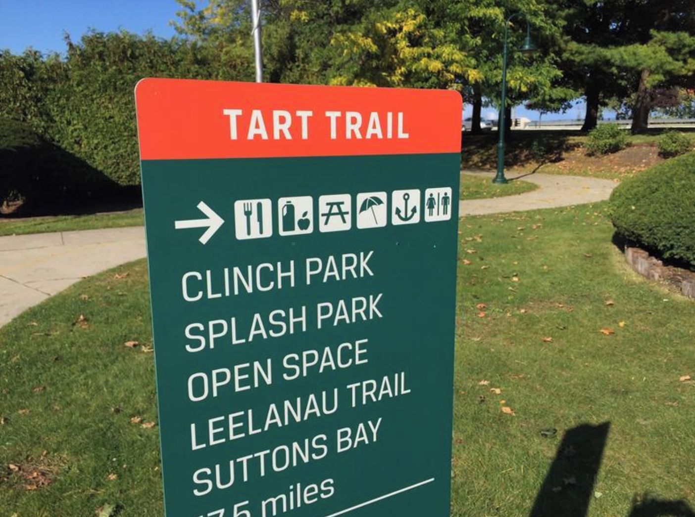 Wegwijzer voor de Tart Trail met aanduiding van verschillende parken en wandelpaden.