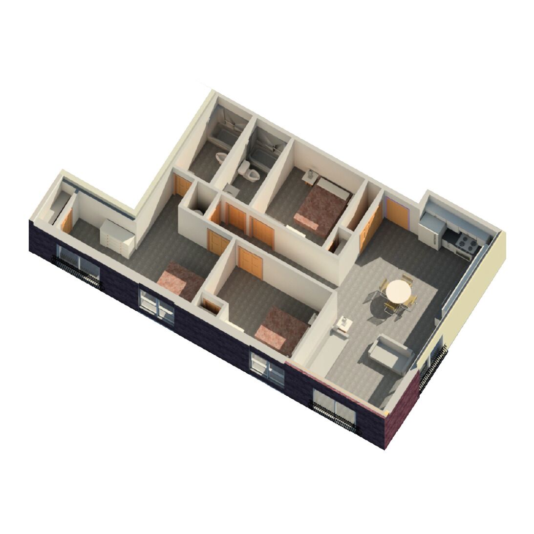 Un plan 3D d’une chambre d’hôtel comprenant un espace de vie séparé, une cuisine et un coin repas.