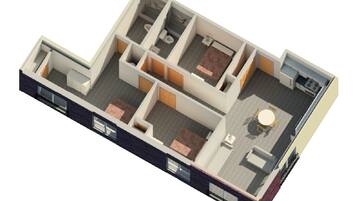 Un plan 3D d’une chambre d’hôtel comprenant un espace de vie séparé, une cuisine et un coin repas.
