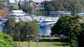Un port de plaisance où de nombreux bateaux sont amarrés, entouré de verdure et de bâtiments.