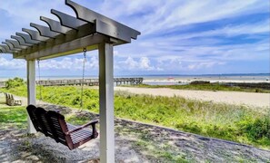 On the beach, sun loungers