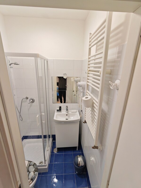 Une salle de bain avec une douche à parois de verre, un lavabo avec un miroir au-dessus et des toilettes dotées d’une cuvette décorative.