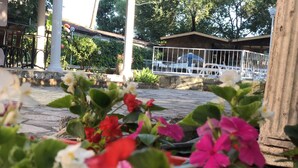 A garden area with potted plants and a white railing. - Nehir Suit Hotel (Ortaca)