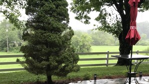 A patio area with a stone table and chairs, surrounded by a garden with various plants and a white fence in the background. - OUR HOME ...AWAY FROM HOME (Laurel Springs)