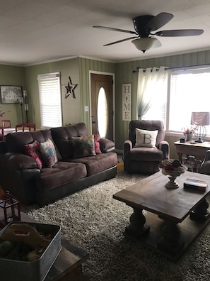 Smart TV, fireplace, DVD player, books