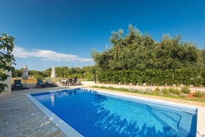 Seasonal outdoor pool, pool umbrellas, pool loungers