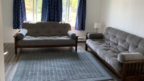 Una sala de estar con un sofá gris, un tapete estampado y cortinas azules.