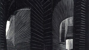 A monochromatic architectural drawing of a corridor with arched doorways and a staircase. - Alfieri rooms - flat Conchiglia (Atrani)