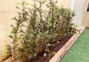 A garden with a variety of plants and a brick border. - Hotel Prudente Ribeirão Preto (Ribeirão Preto)