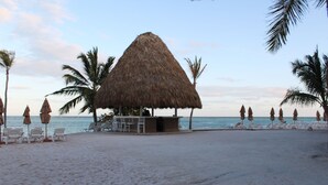 Een strand met een rieten hut, witte ligstoelen en palmbomen.