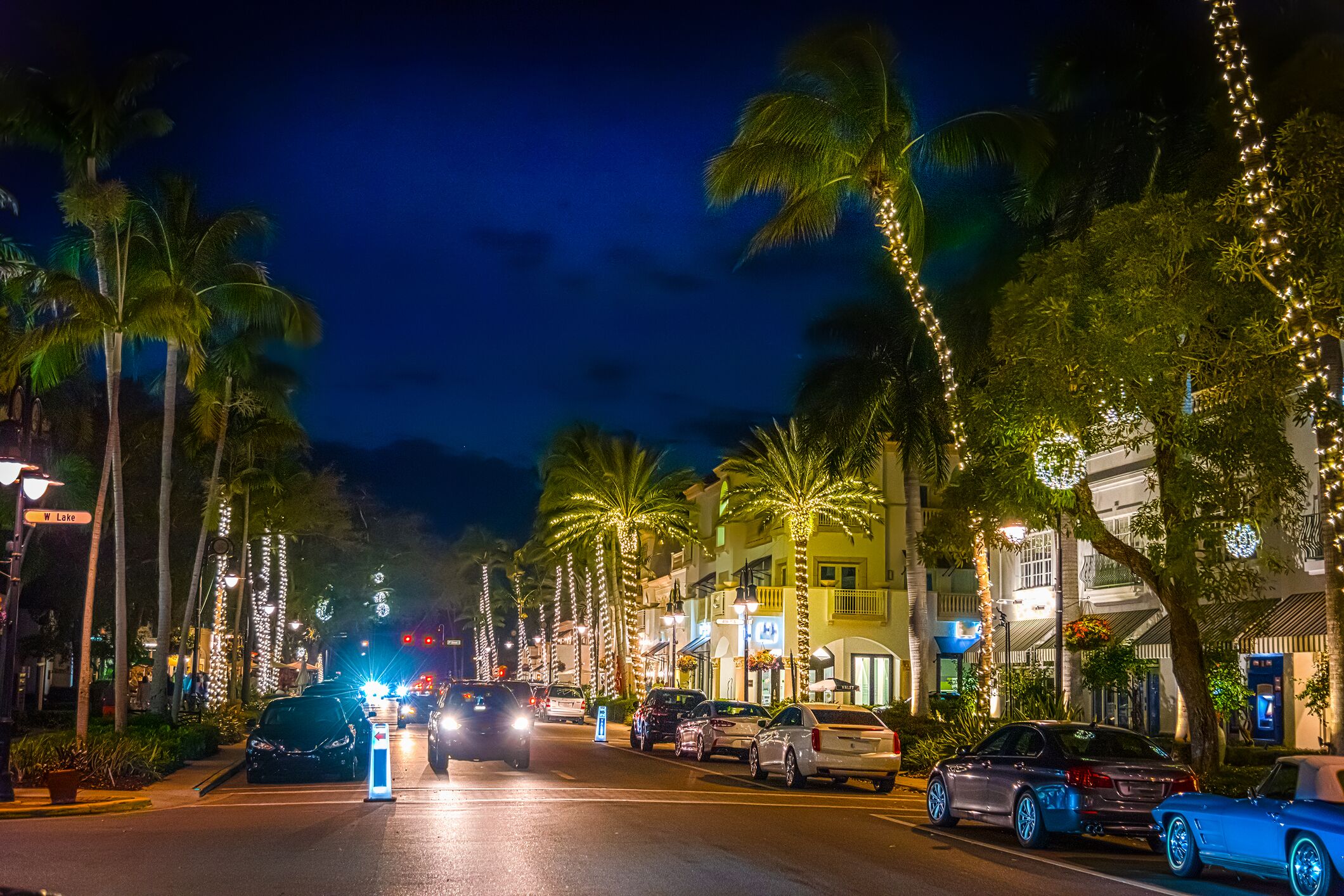 Una calle bordeada de palmeras y edificios, con automóviles estacionados a un lado.