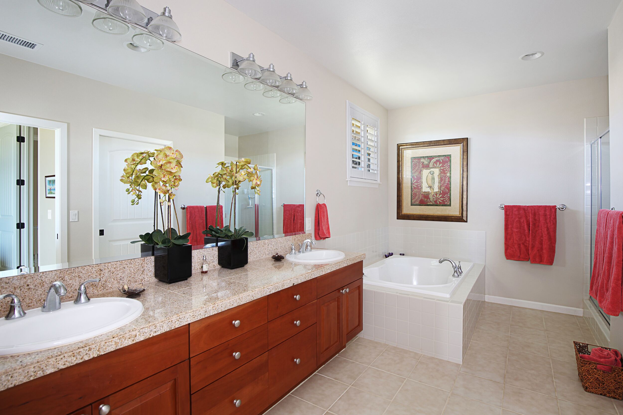 Combined shower/tub, hair dryer, towels, soap