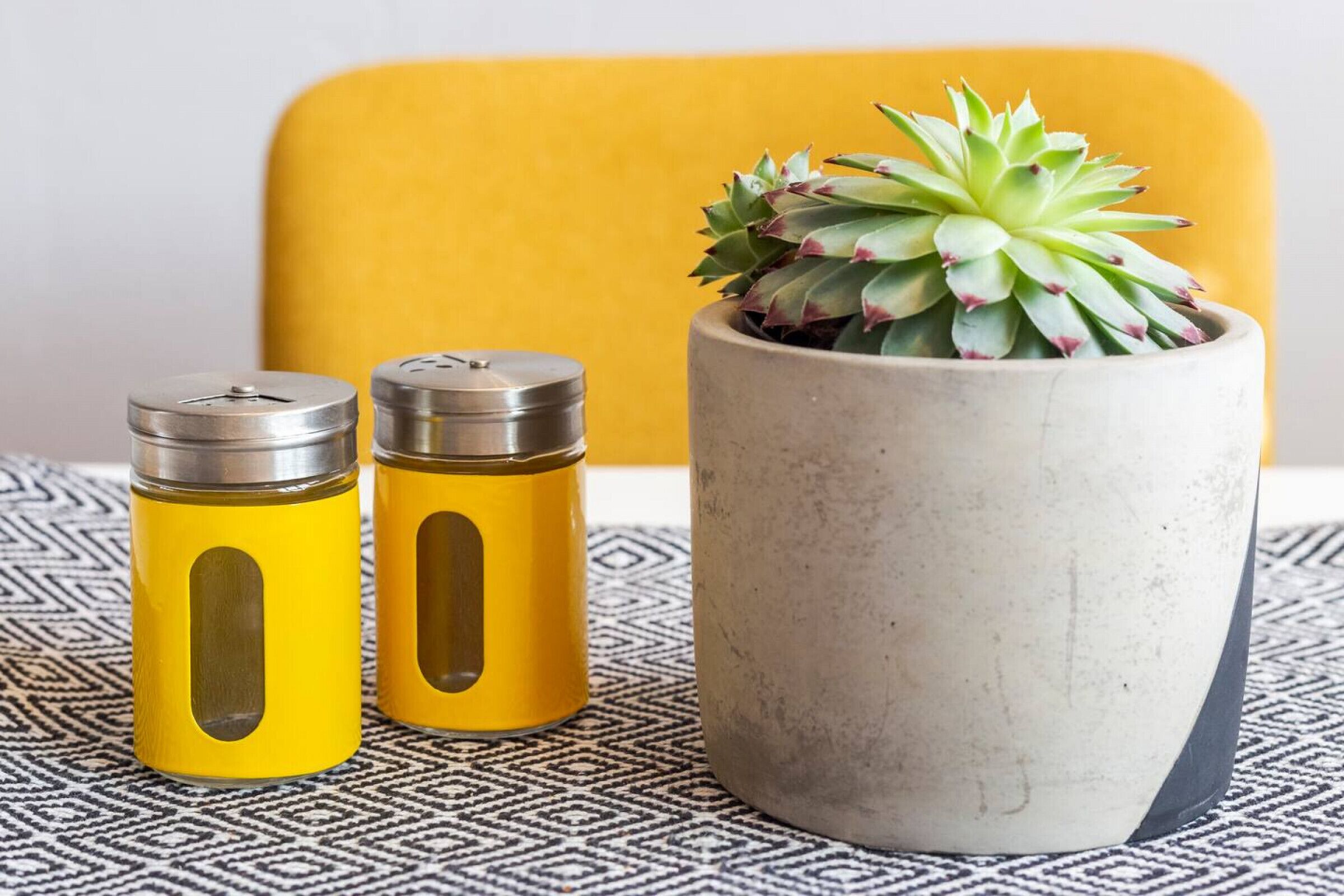 Deux salières et deux poivrières jaunes, ainsi qu’une plante succulente en pot, sont posés sur une nappe à motifs.