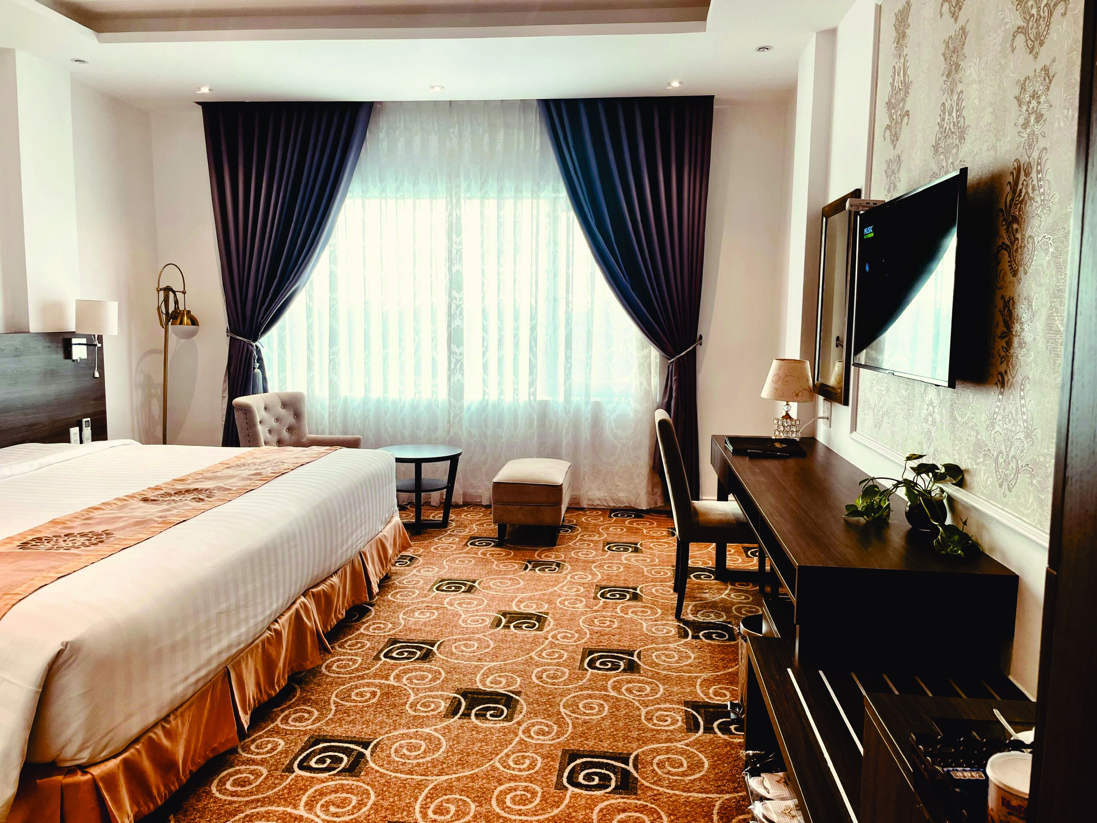 A hotel room with a large bed, a desk, a chair, a TV, and a window with curtains.