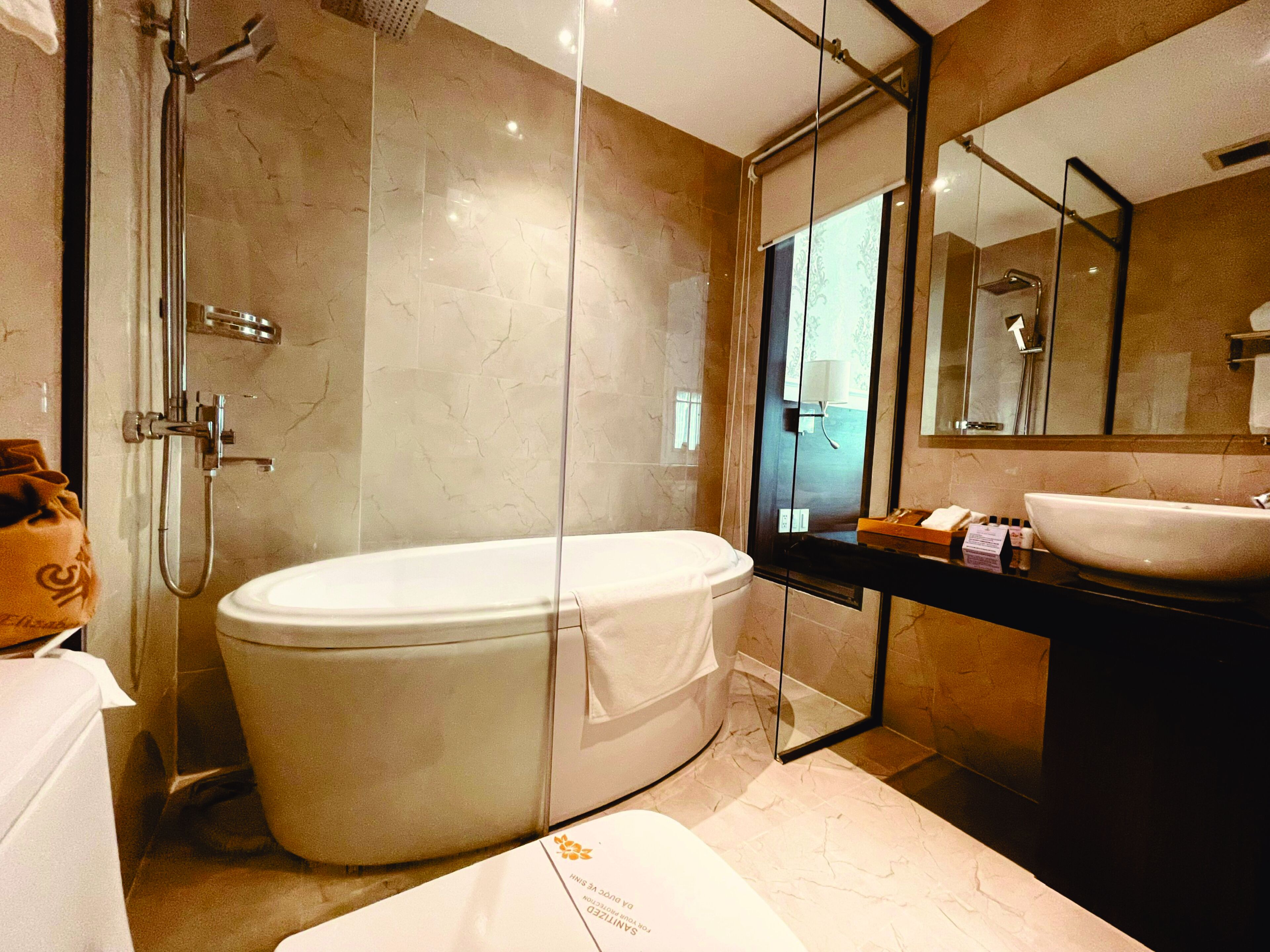 free toiletries, hair dryer, bathrobes, slippers