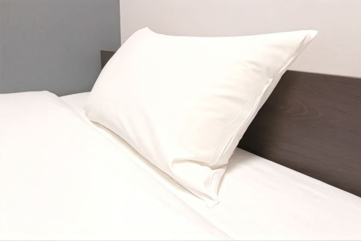 Un letto rifatto con un cuscino bianco e una testiera scura.