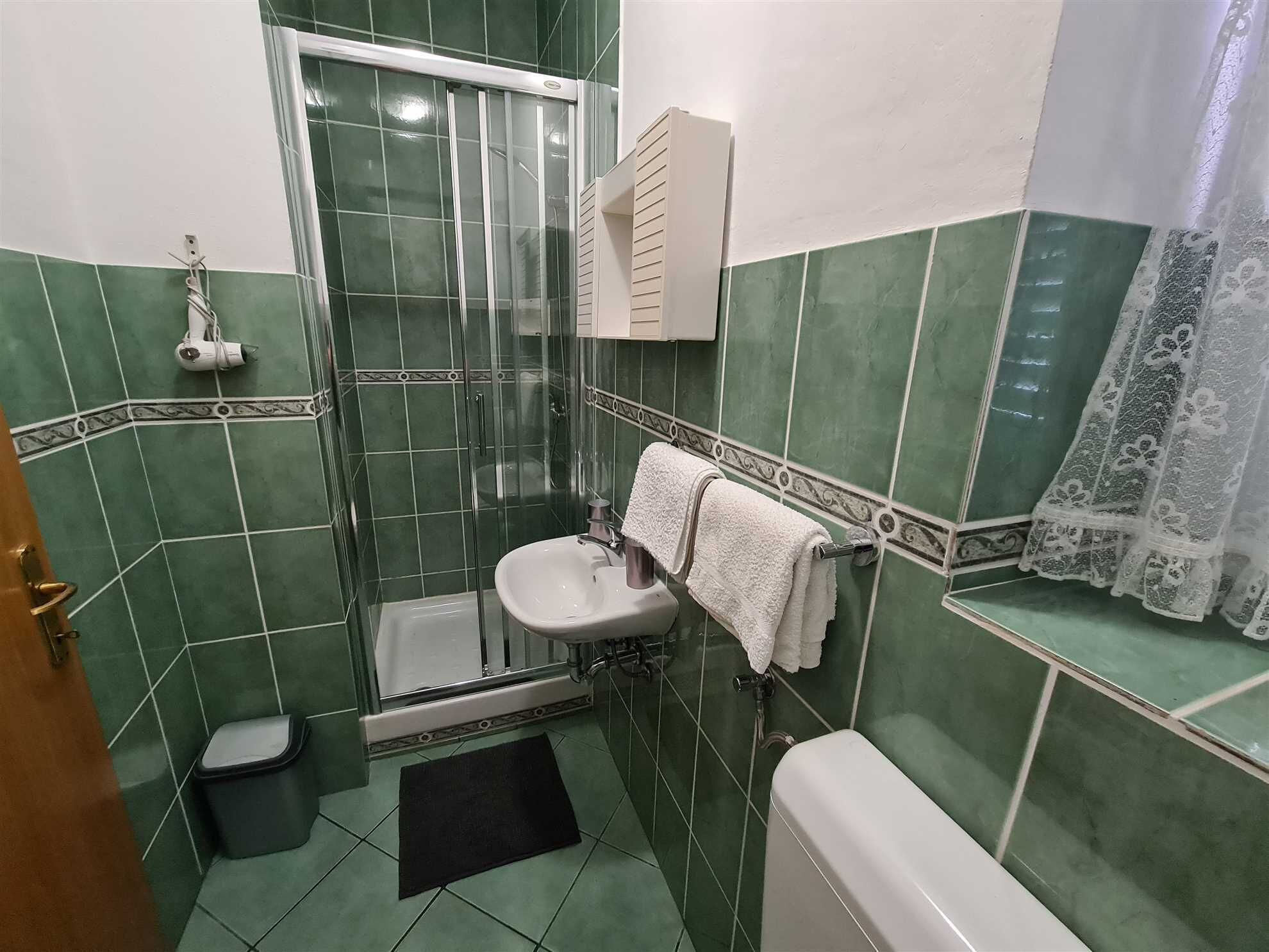 A bathroom with a shower, sink, toilet, and a trash bin.