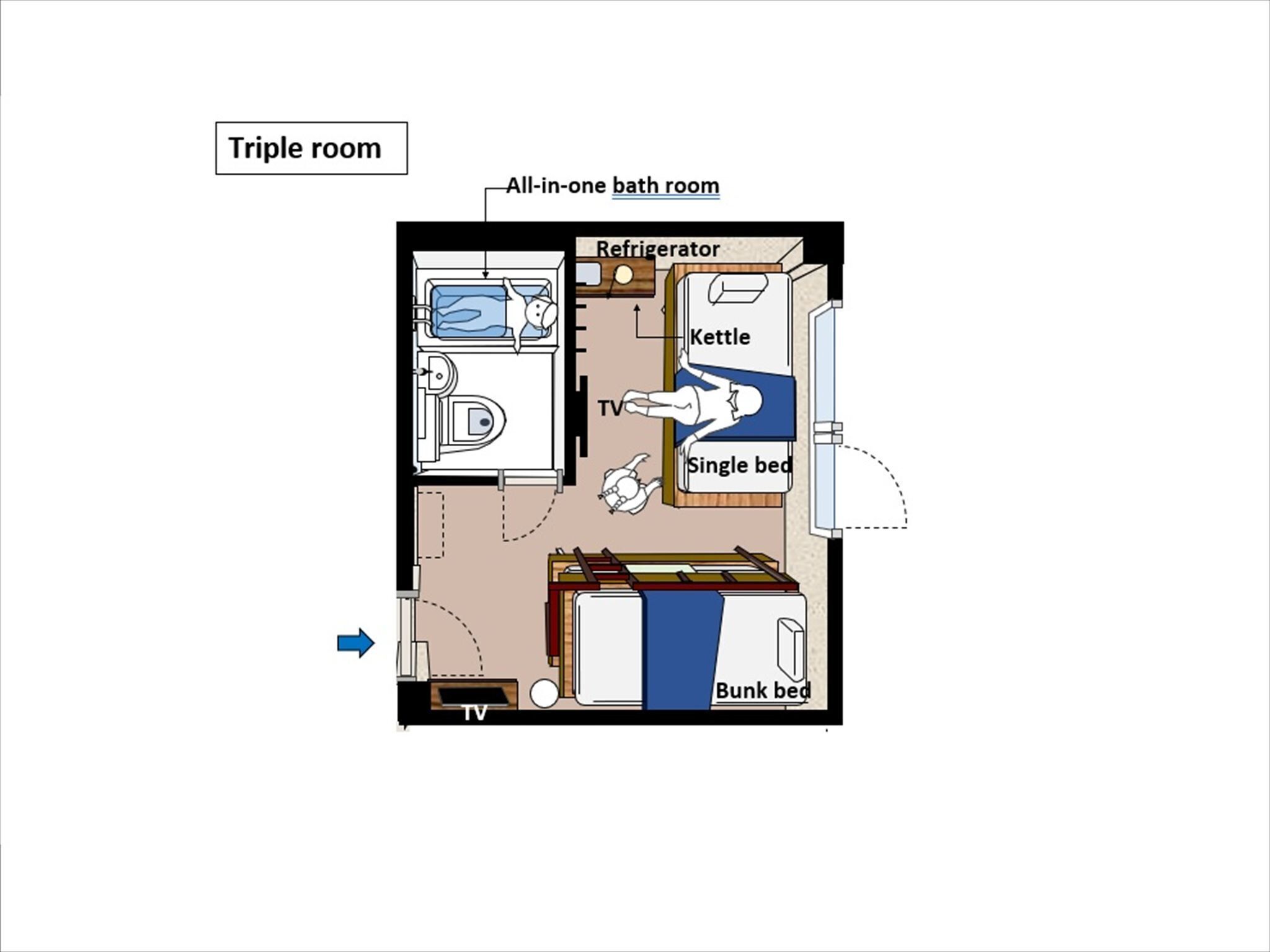 A triple room layout with a single bed, TV, kitchenette, and a bunk bed.