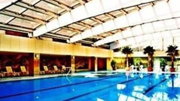 An indoor swimming pool with clear blue water, surrounded by lounge chairs and palm trees. - Maihao International Hotel (Zhuhai)