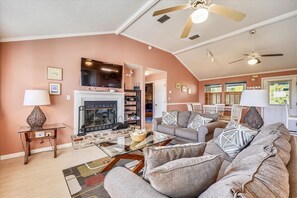 Flat-screen TV, fireplace