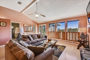 Flat-screen TV, fireplace