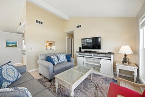 Flat-screen TV, DVD player, stereo