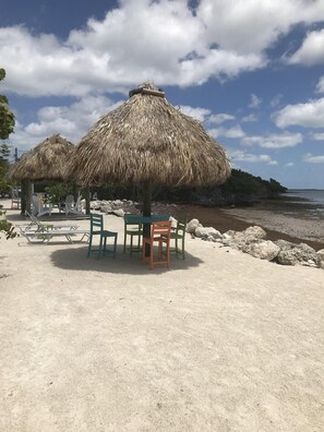 A beach with thatched umbrellas and a table with chairs. - Exquisite Oceanfront Townhome! (Key Largo)