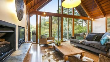 Flat-screen TV, fireplace, DVD player