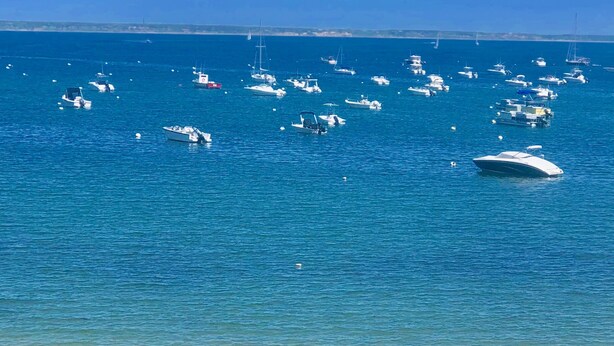 Un área de descanso frente a la playa, con tumbonas y sombrillas, con vistas a un puerto deportivo con barcos.