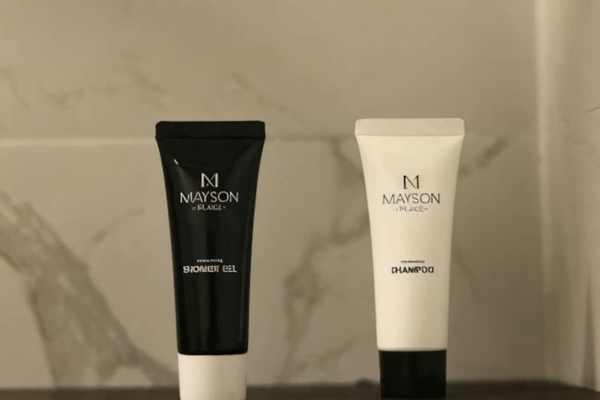 Two toiletry products, a black tube labeled 'MAYSON' and a white tube labeled 'MAYSON,' on a shelf.