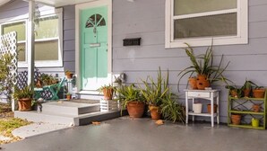 Una casa con puerta verde, buzón blanco y varios maceteros en el porche.