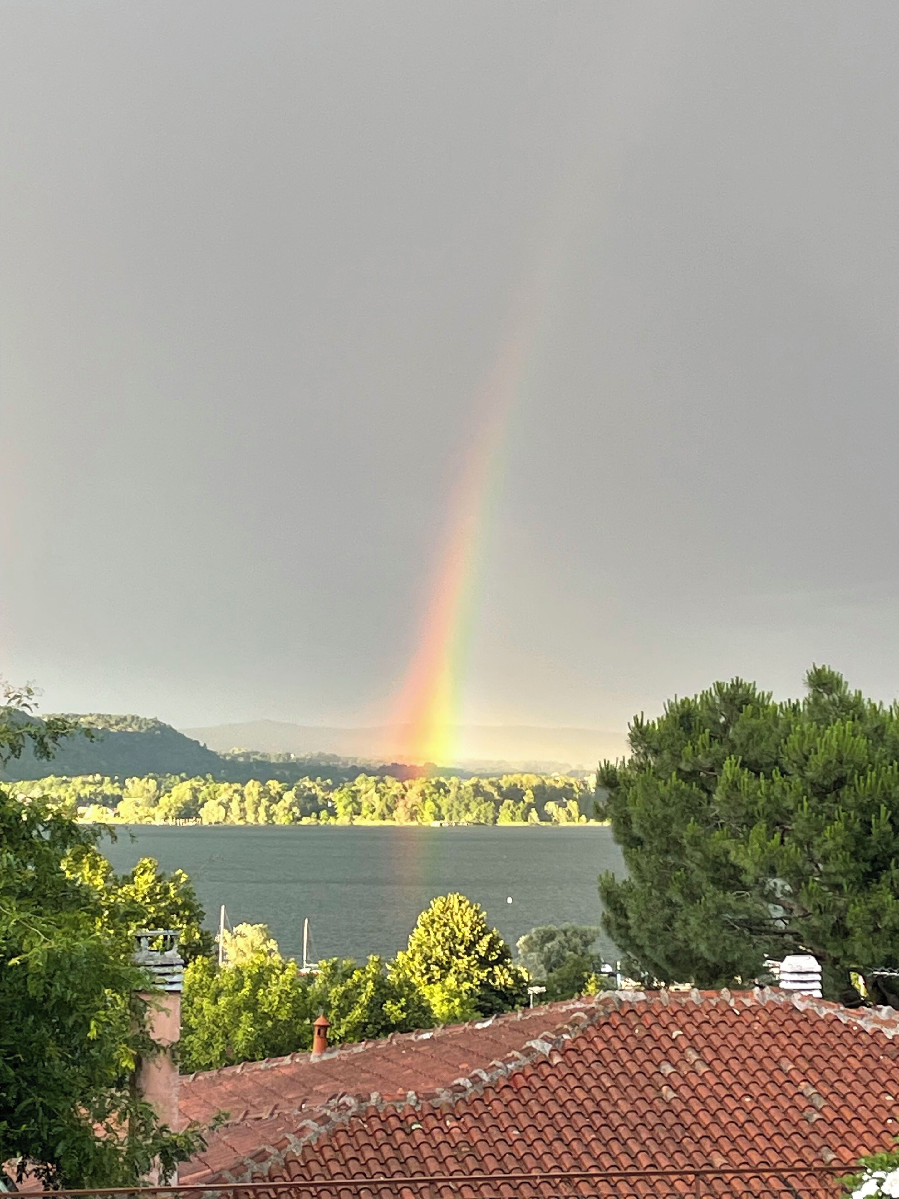 Aussicht auf einen See mit einem Regenbogen, umgeben von Bäumen und Gebäuden.