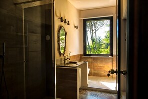 Shower, hair dryer, bidet, towels