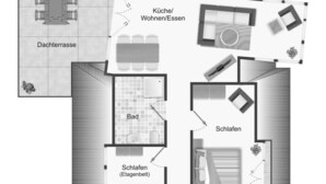Plano de un hotel que muestra un comedor, cocina, sala de estar, dos dormitorios, un baño y un balcón.