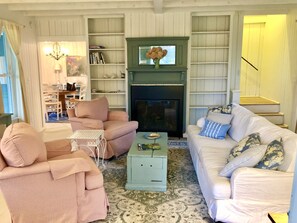 Televisión, chimenea y libros 