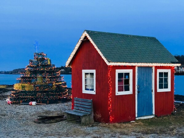 A small red wooden building with a blue door and windows, situated on a gravel area near a decorated Christmas tree.