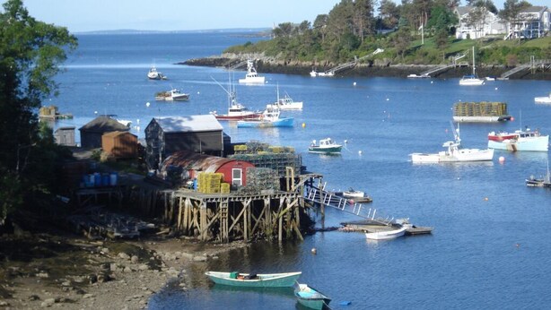 A coastal harbor with boats, a wooden pier, and a small red building. - Sea Rose Cottage - Cozy, Comfortable, Ocean Views on Orr's Island, Harpswell, ME (Harpswell)